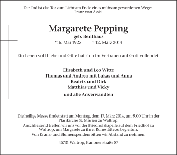 Traueranzeige von Margarete Pepping von Medienhaus Bauer